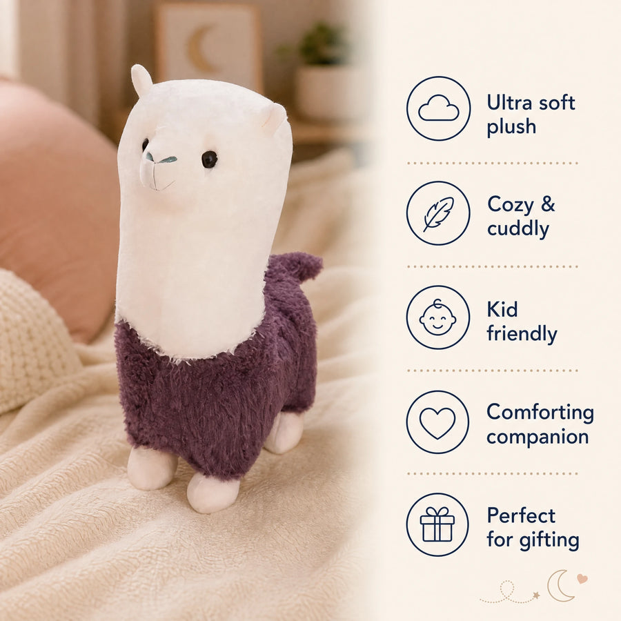 Alpaca Plush Toy with Purple Fleece Coat – 28cm - Bénéfices produit