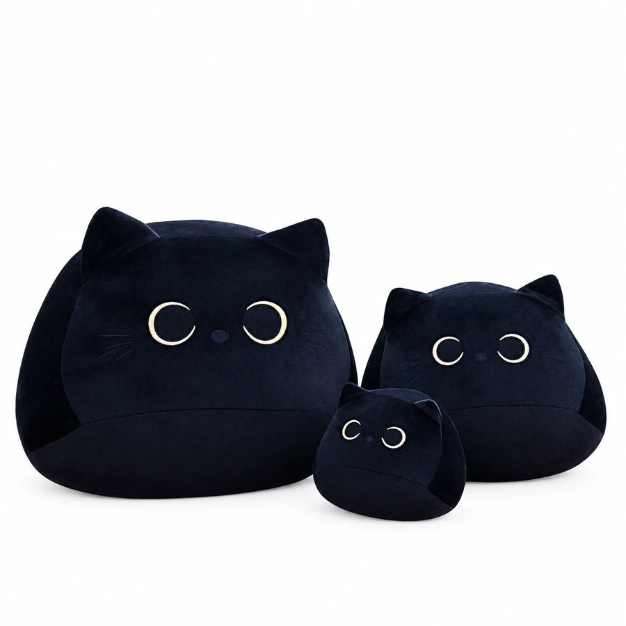 Black Cat Plush with Embroidered Eyes and Rounded Shape - 4in / 10cm · 12in / 30cm · 15.5in / 40cm