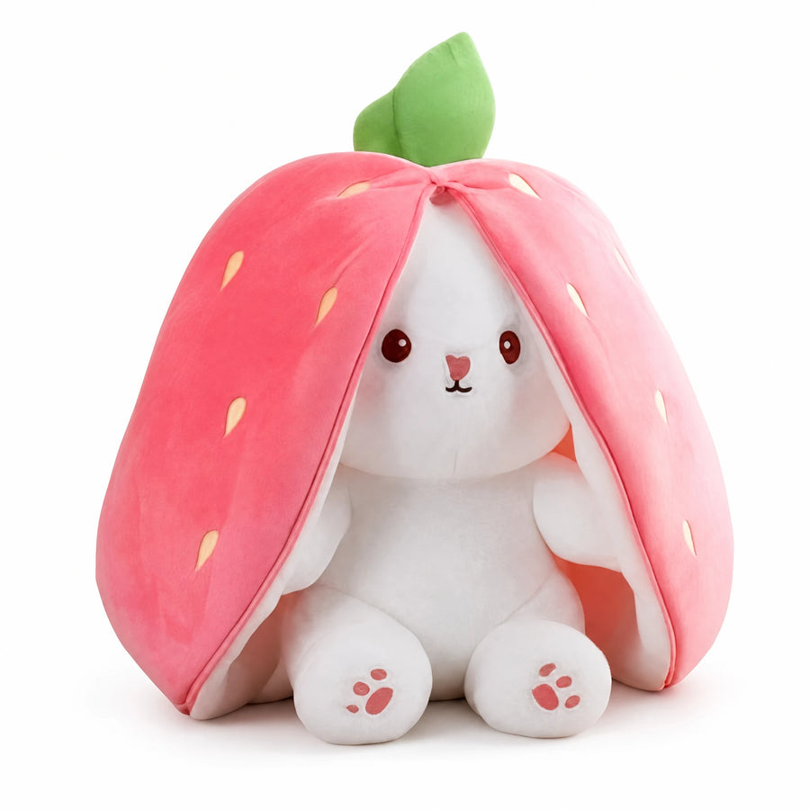 Bunny Plush Toy Hidden Inside Strawberry Pouch - Fond blanc, autre angle