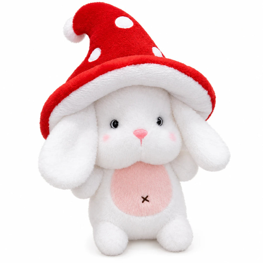 Bunny Plush with Mushroom Hat in Red or Brown - Red / 8in / 25cm … (3 tailles)