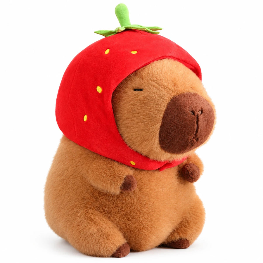 Capybara Plush with Strawberry Hat – Soft Cuddle Toy - 8in / 20cm … (3 tailles)