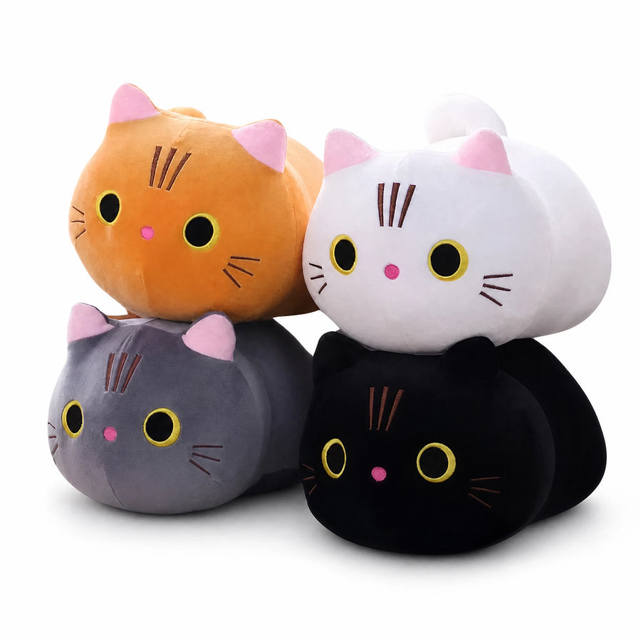 Cat Pillow Plush with Big Eyes – Soft Cuddle Companion - Fond blanc, autre angle