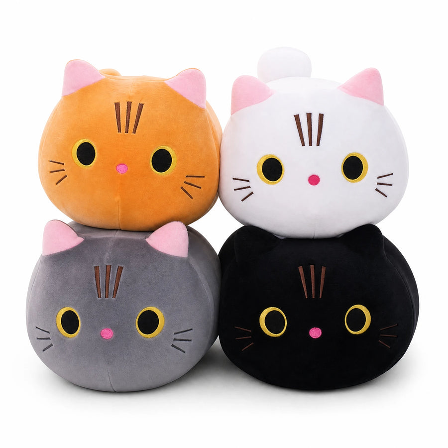 Cat Pillow Plush with Big Eyes – Soft Cuddle Companion - Fond blanc