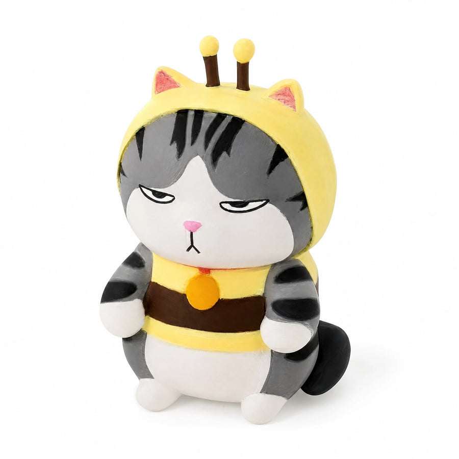 Cat Plush in Bee Costume with Striped Gray Fur - Fond blanc, autre angle
