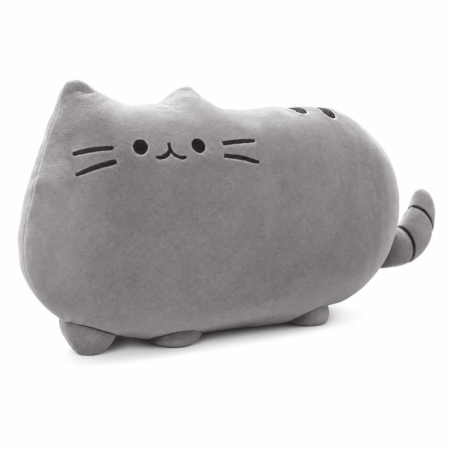 Cat Plush Pillow with Embroidered Face and Soft Gray Fabric - Fond blanc, autre angle