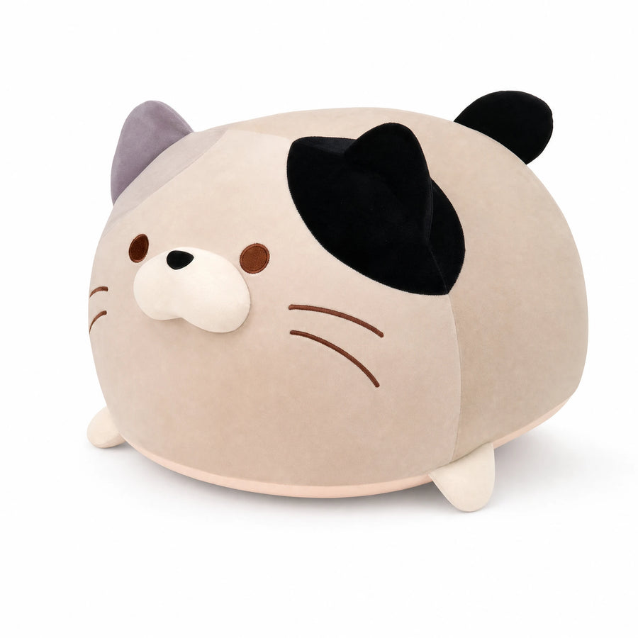 Cat Plush Pillow with Rounded Shape and Embroidered Details - Fond blanc, autre angle