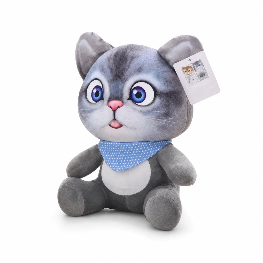 Cat Stuffed Animal with Big Blue Eyes and Bandana - Fond blanc, autre angle