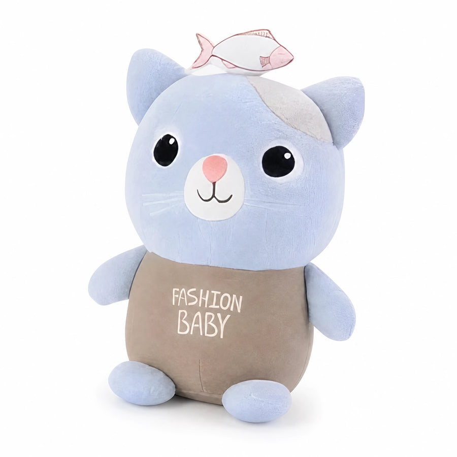 Cat Stuffed Animal with Fish Detail and Fashion Baby Print - Fond blanc, autre angle