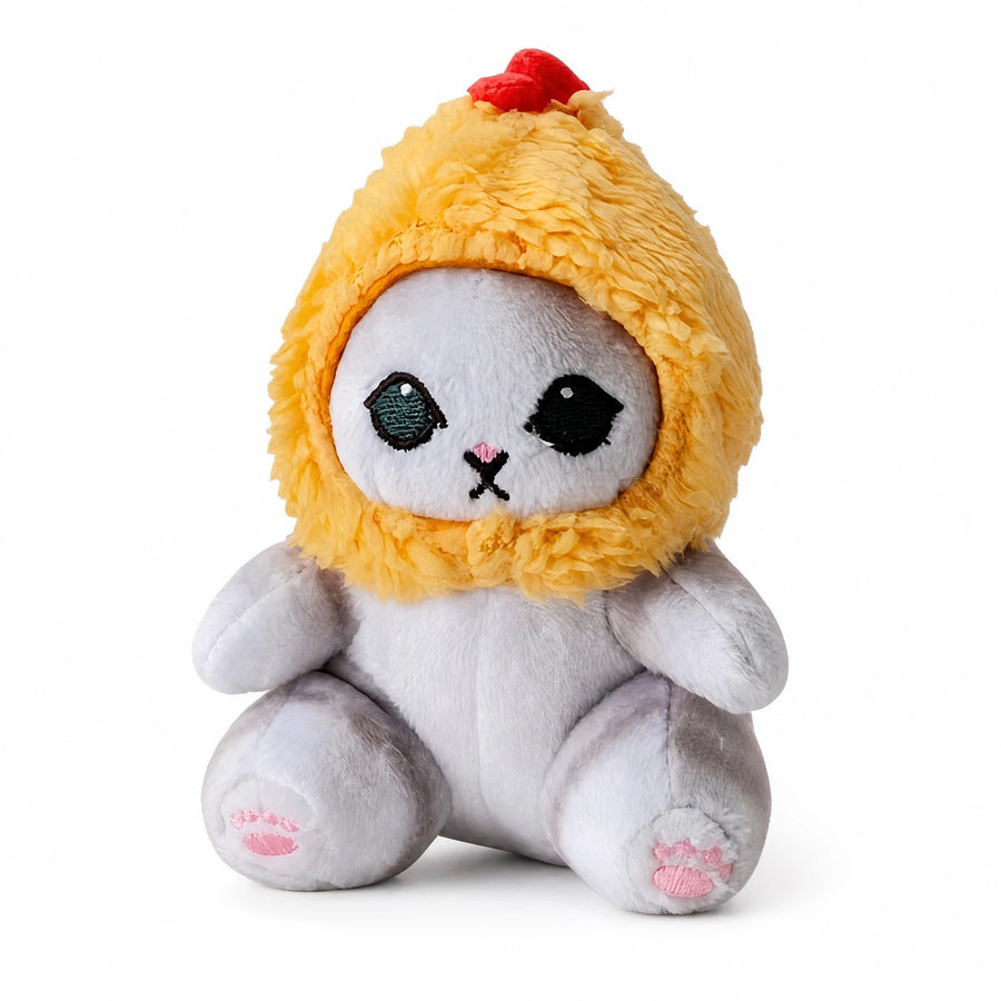 Cat Stuffed Animal with Yellow Chicken Hood and Pink Paws - Fond blanc, autre angle