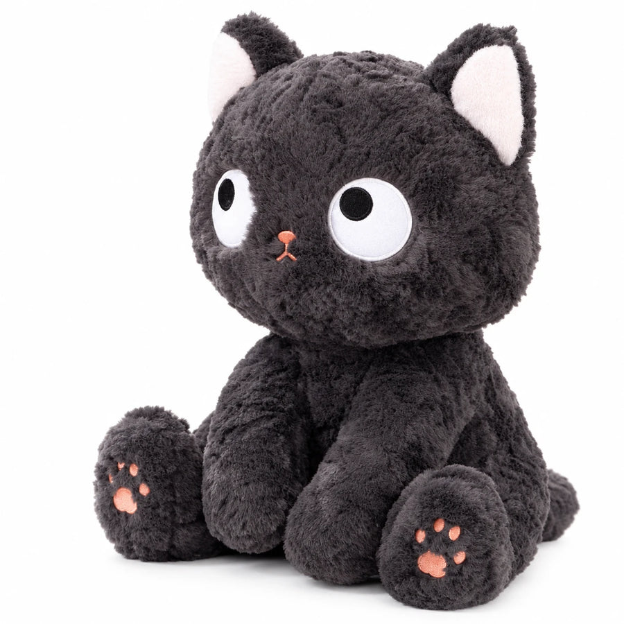Cute Black Cat Plush with Big Innocent Eyes and Fluffy Fur - Sitting Down / 7in / 20cm … (3 tailles)