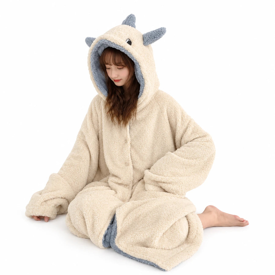 Dinosaur Hoodie Blanket with Plush Dragon Scales - White-Blue