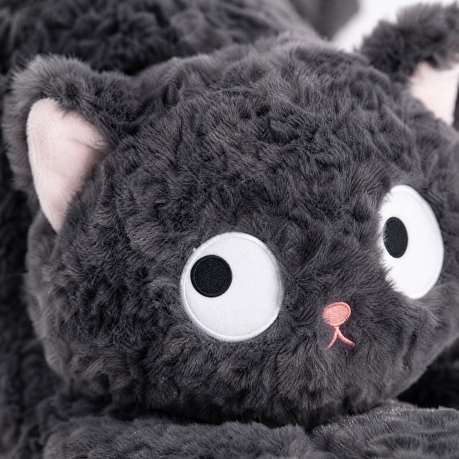 Fluffy Black Cat Plush with Round Body and Big Eyes - Détail matière