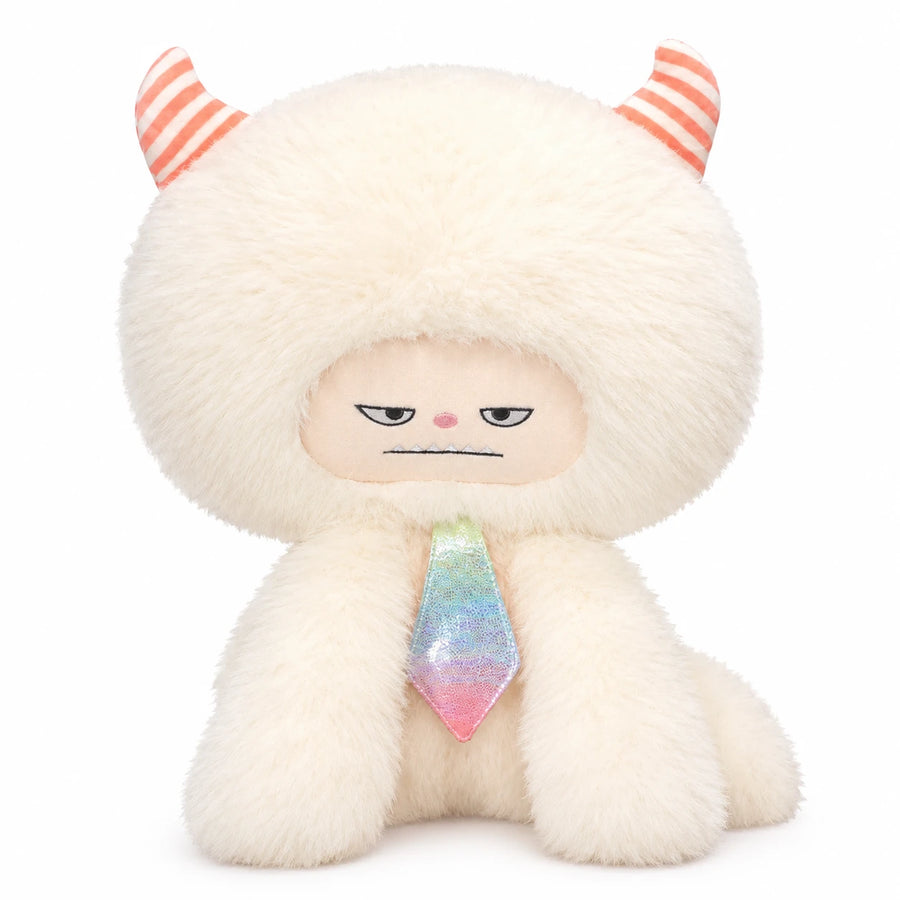 Fluffy Monster Plush with Striped Horns and Moody Face - White