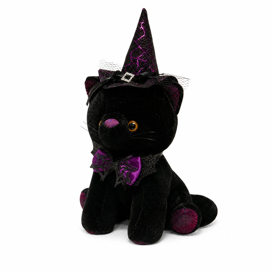 Halloween Cat Plush with Witch Hat and Bow Decoration - Fond blanc, autre angle