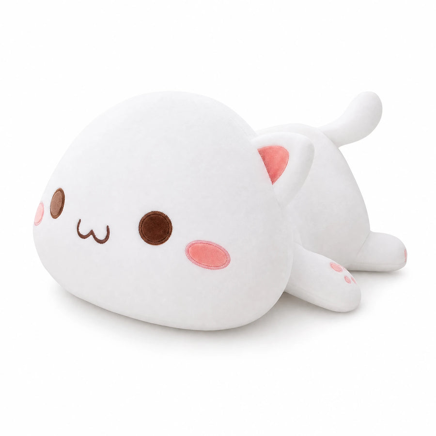 Kawaii Cat Plush White Lying Down with Adorable Face - Fond blanc, autre angle