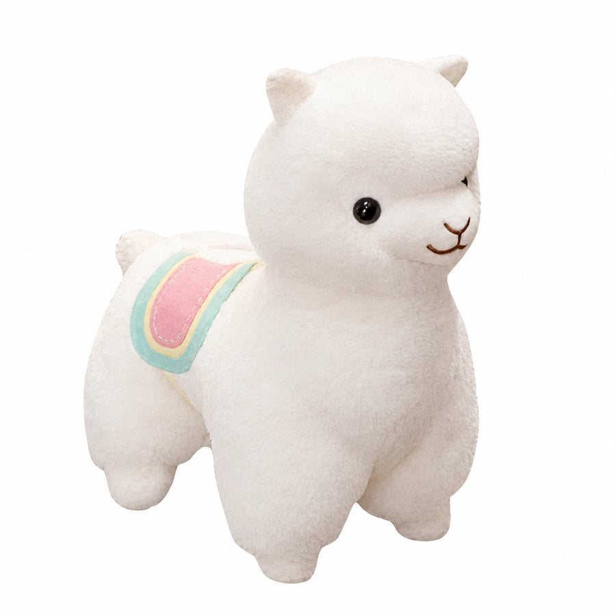 Llama Plush with Rainbow Saddle and Gentle Smile - 14in / 35cm · 19.5in / 50cm