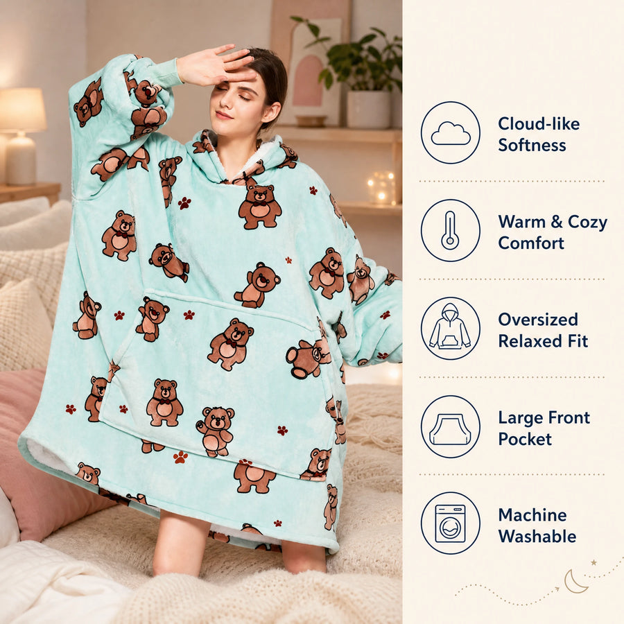 Oversized Blanket Hoodie with Teddy Bear Print in Mint - Bénéfices produit