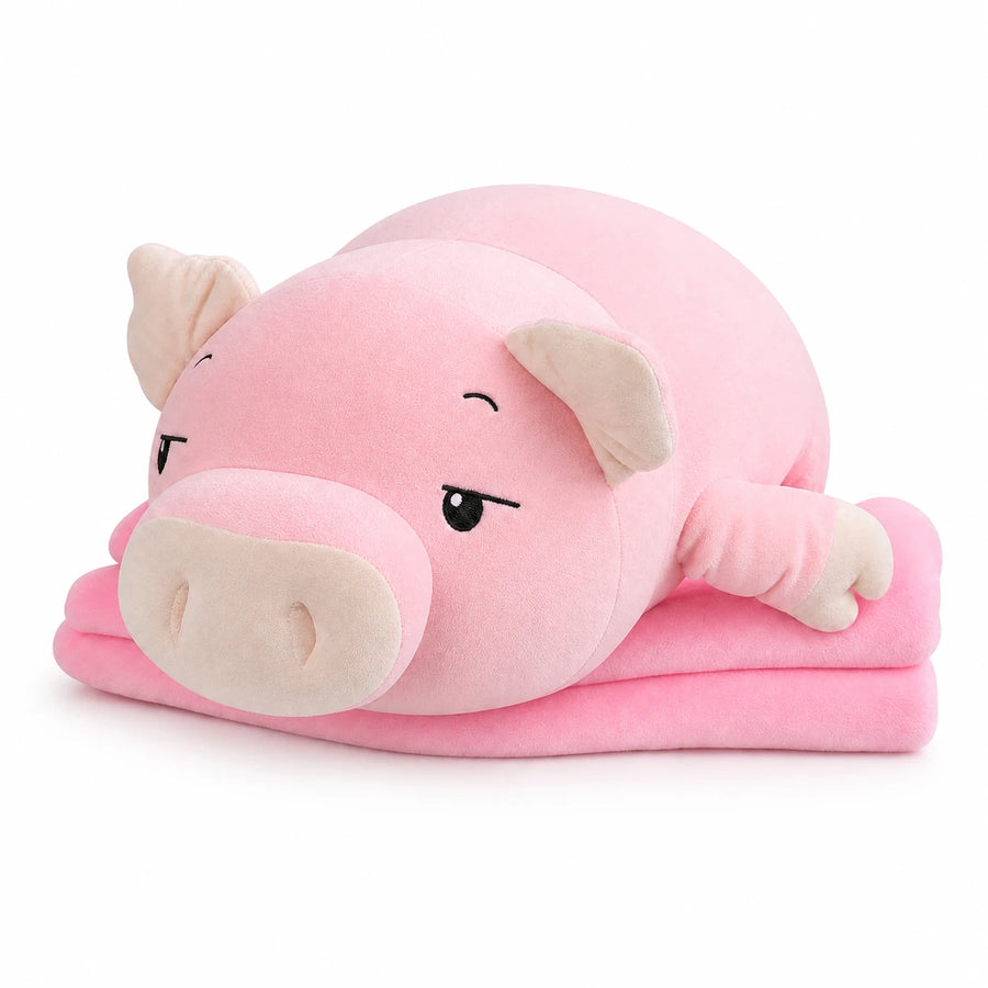 Pig Plush Pillow with Foldable Blanket – Soft Body Support - 40in / 100cm / Pink (Awake) … (4 tailles)