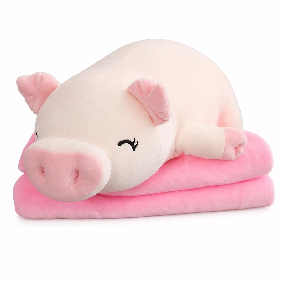 Pig Plush Pillow with Foldable Blanket – Soft Body Support - 40in / 100cm / White (Sleeping) … (4 tailles)