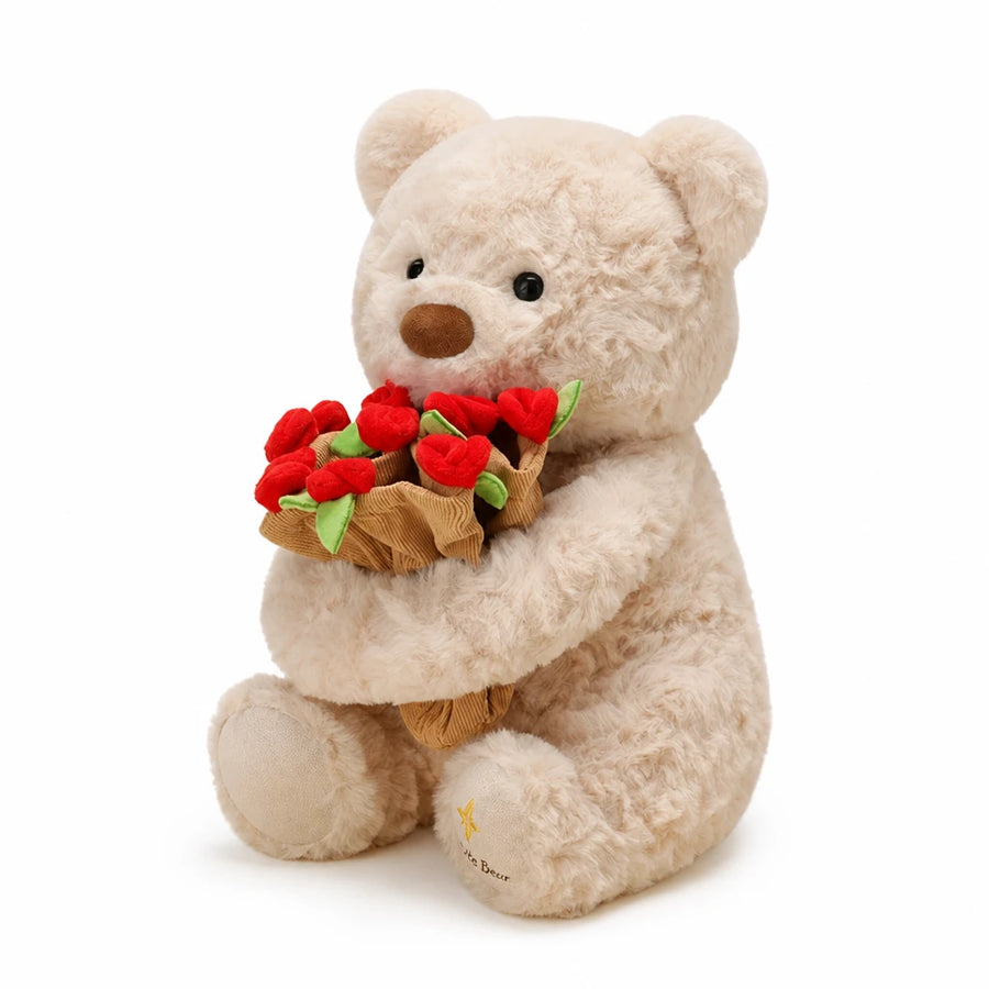 Rose Bear Plush with Removable Flower Bouquet Hat - Bloomie (Light brown) / 10in / 25cm … (2 tailles)