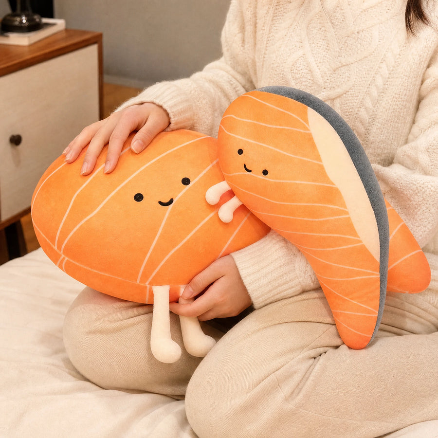 Salmon Plush Pillow with Cute Smiling Face Design - Utilisation du produit