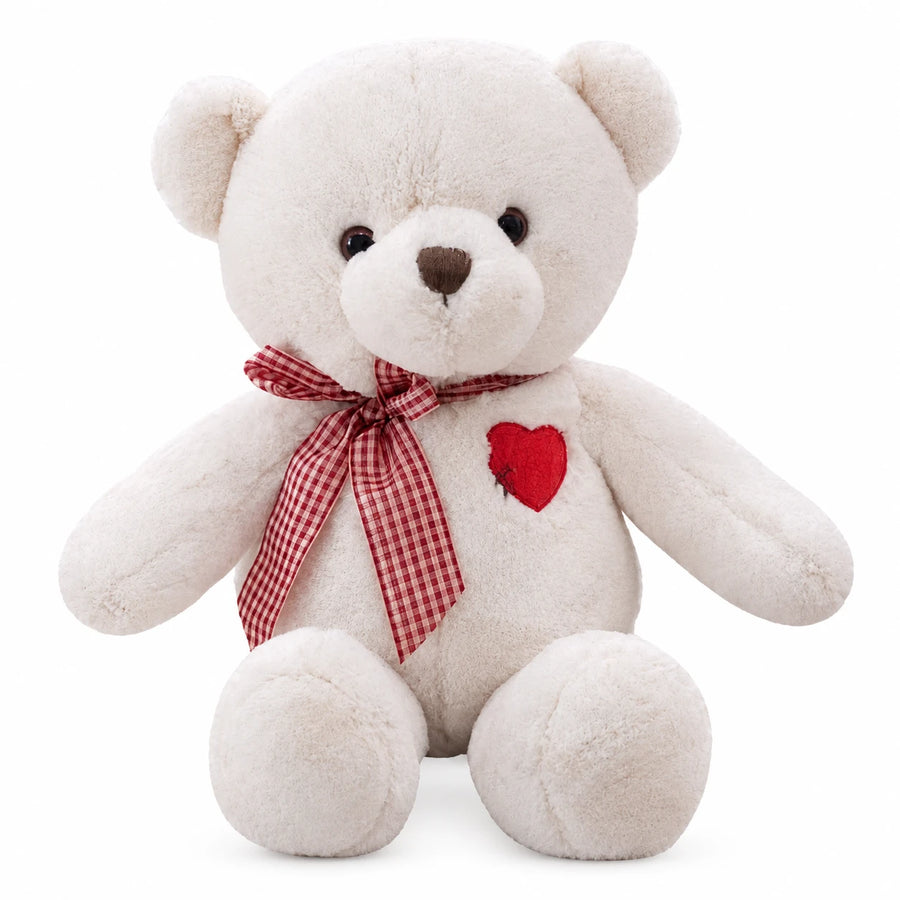 Teddy Bear Plush with Red Heart and Gingham Ribbon - 14in / 35cm · 19.5in / 50cm