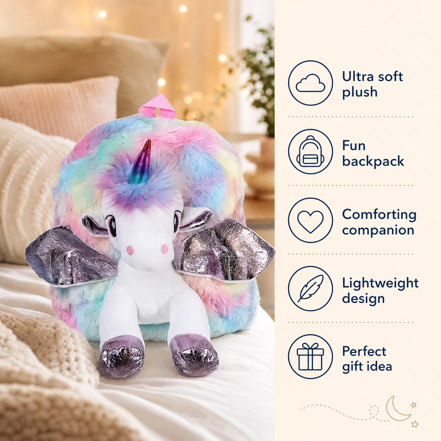 Unicorn Backpack Plush with Rainbow Faux Fur - Bénéfices produit