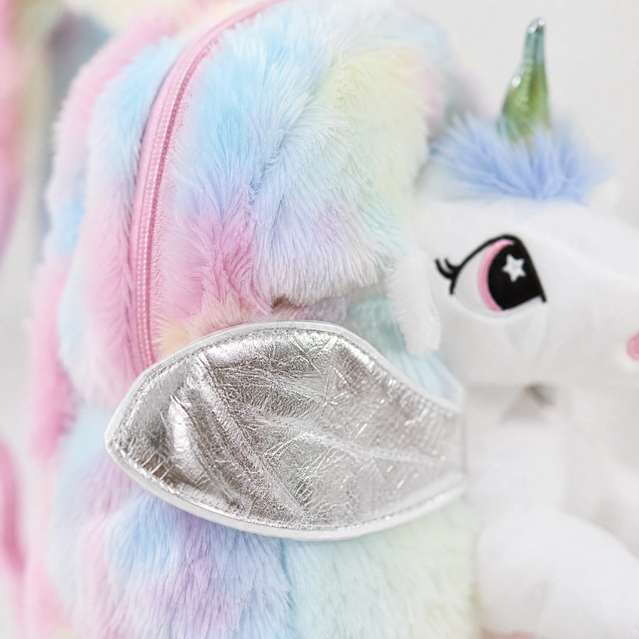 Unicorn Plush Backpack with Rainbow Fur and Silver Details - Détail matière