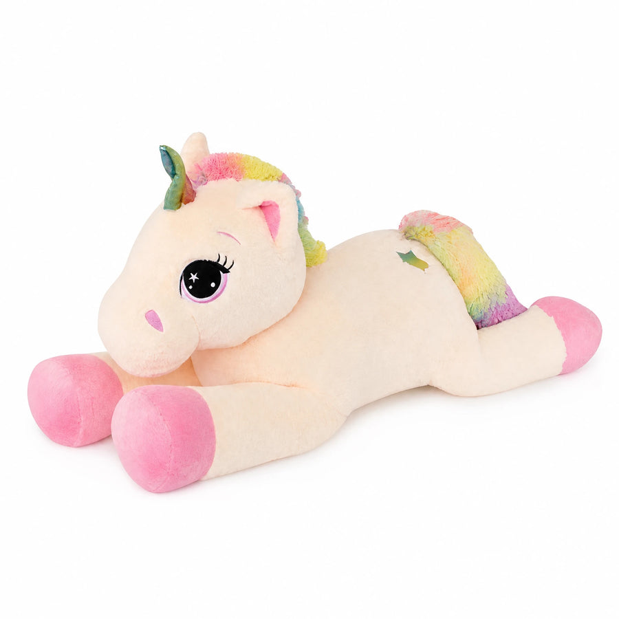 Unicorn Plush with Rainbow Mane and Pink Hooves - Fond blanc, autre angle