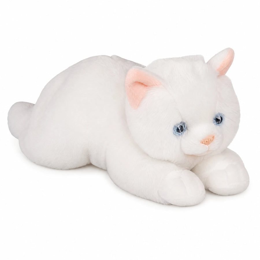 White Kitten Plush in Playful Lying Position - Fond blanc, autre angle