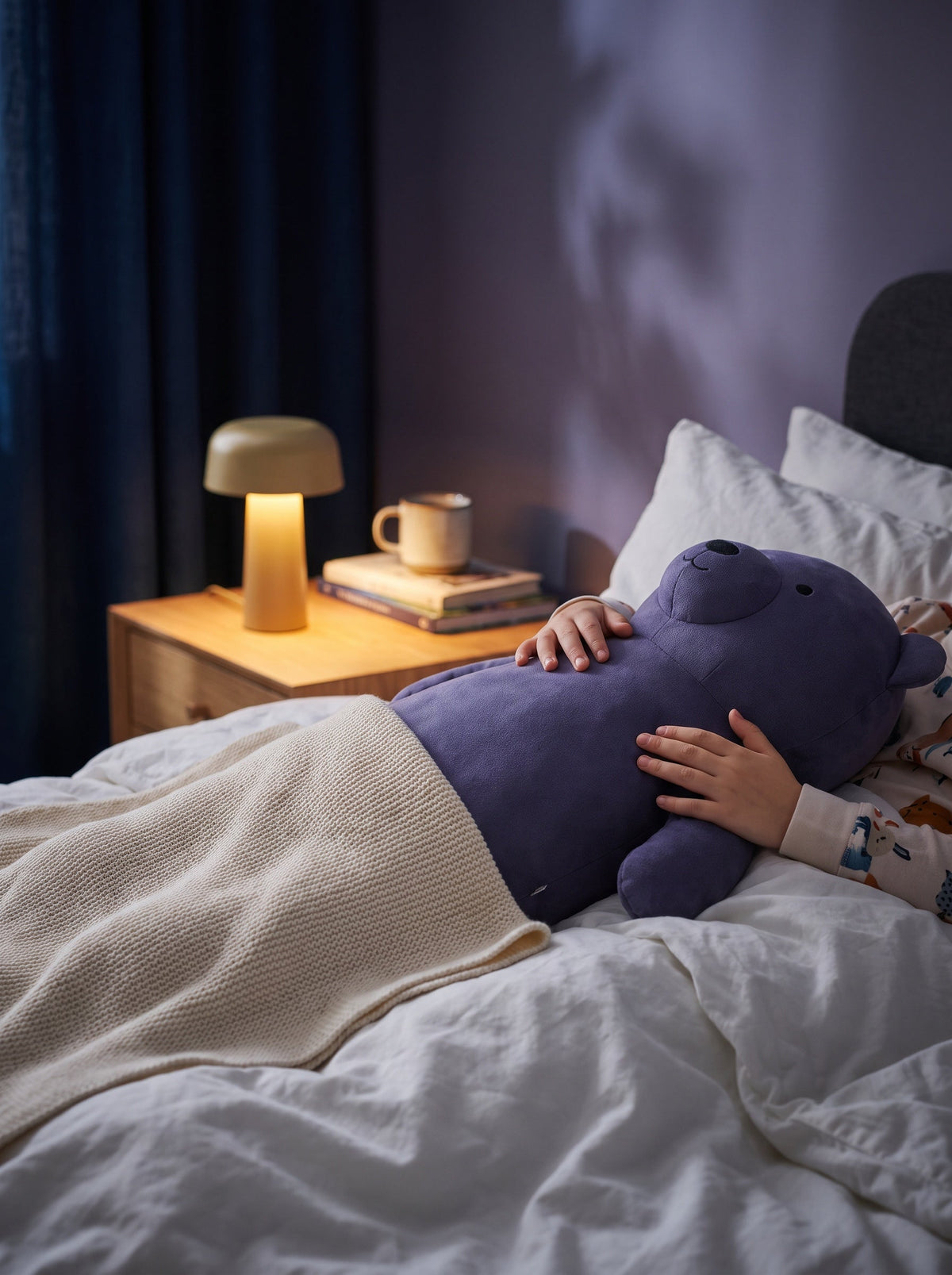 Weighted plush bedtime ambiance, cozy bedroom scene Image