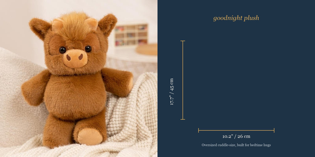 Clover the Highland Cow real product photo with size callout: 17.7 inches tall, 10.2 inches wide