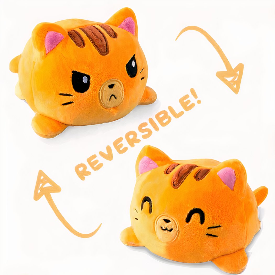 Peluche chat double face orange, jouet tout doux