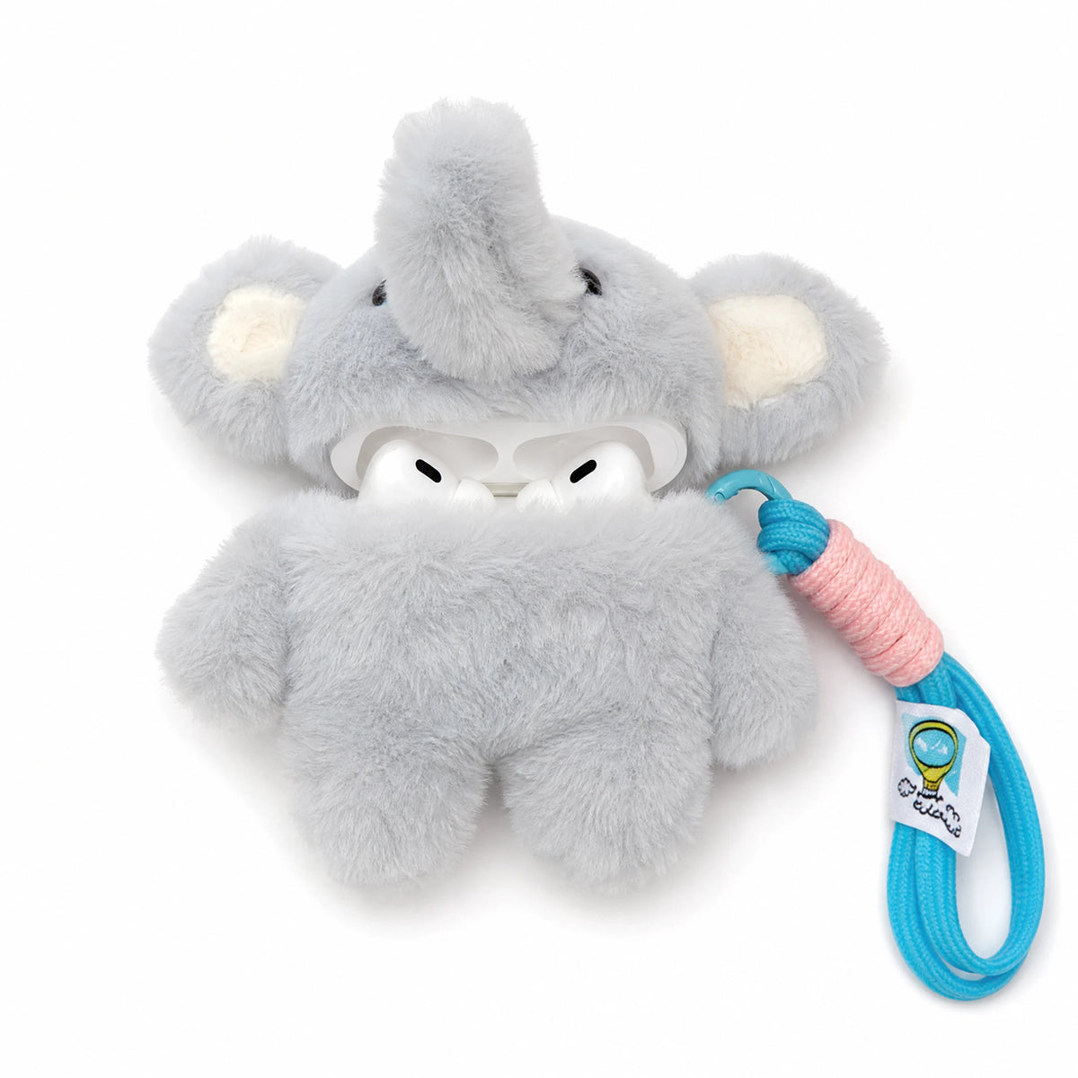 AirPods Case Plush with Fluffy Elephant Design and Lanyard - Fond blanc