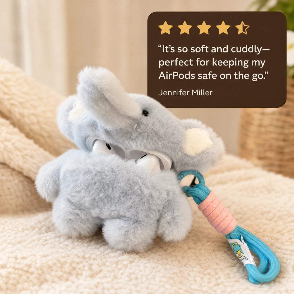 AirPods Case Plush with Fluffy Elephant Design and Lanyard - Image témoignage