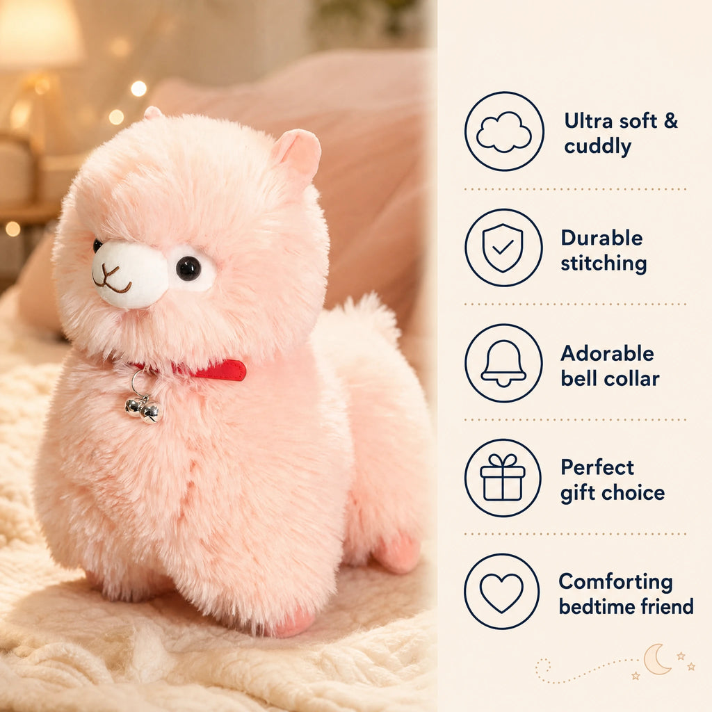 Alpaca Plush Toy with Bell in Pink, White or Yellow - Bénéfices produit