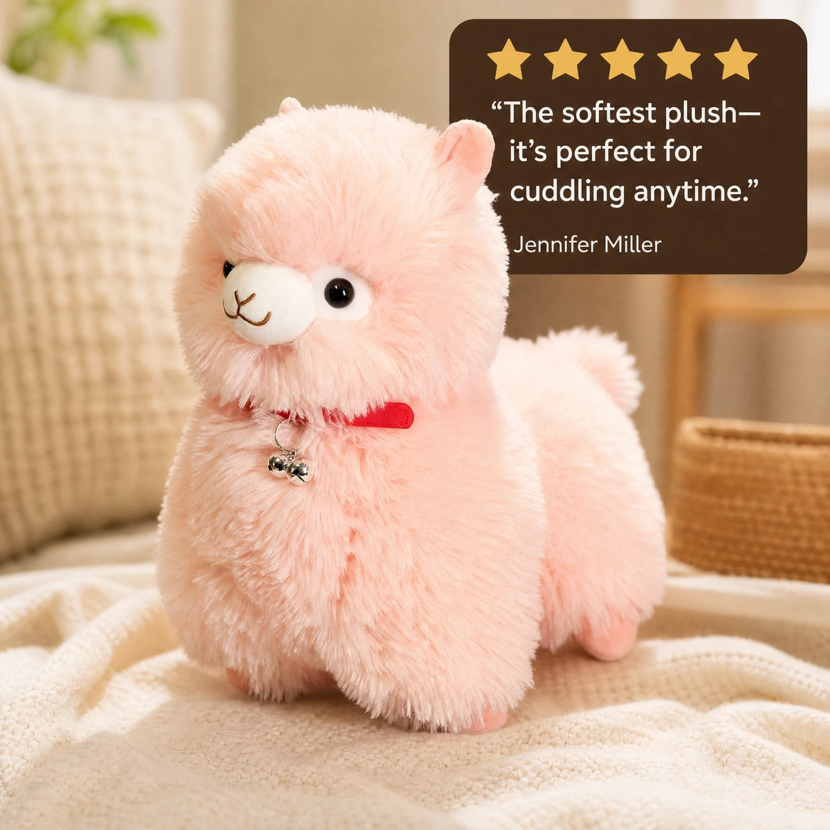 Alpaca Plush Toy with Bell in Pink, White or Yellow - Image témoignage