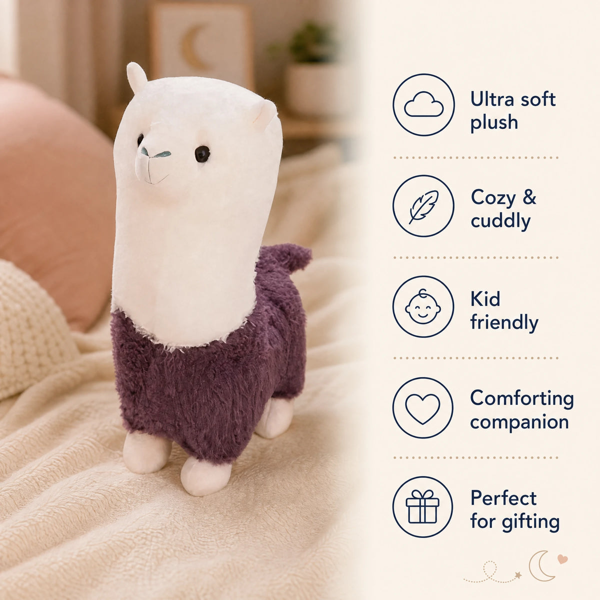Alpaca Plush Toy with Purple Fleece Coat – 28cm - Bénéfices produit