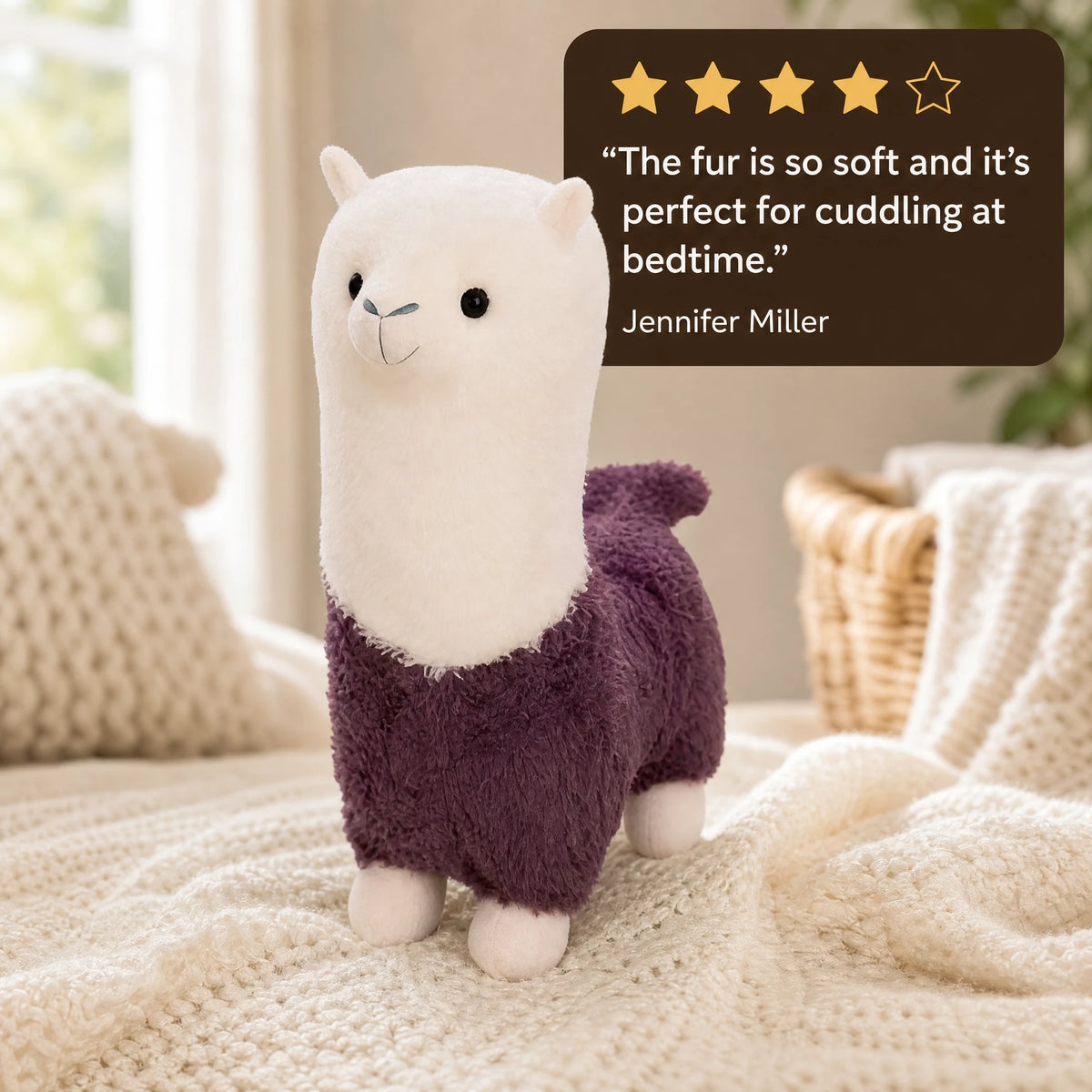 Alpaca Plush Toy with Purple Fleece Coat – 28cm - Image témoignage