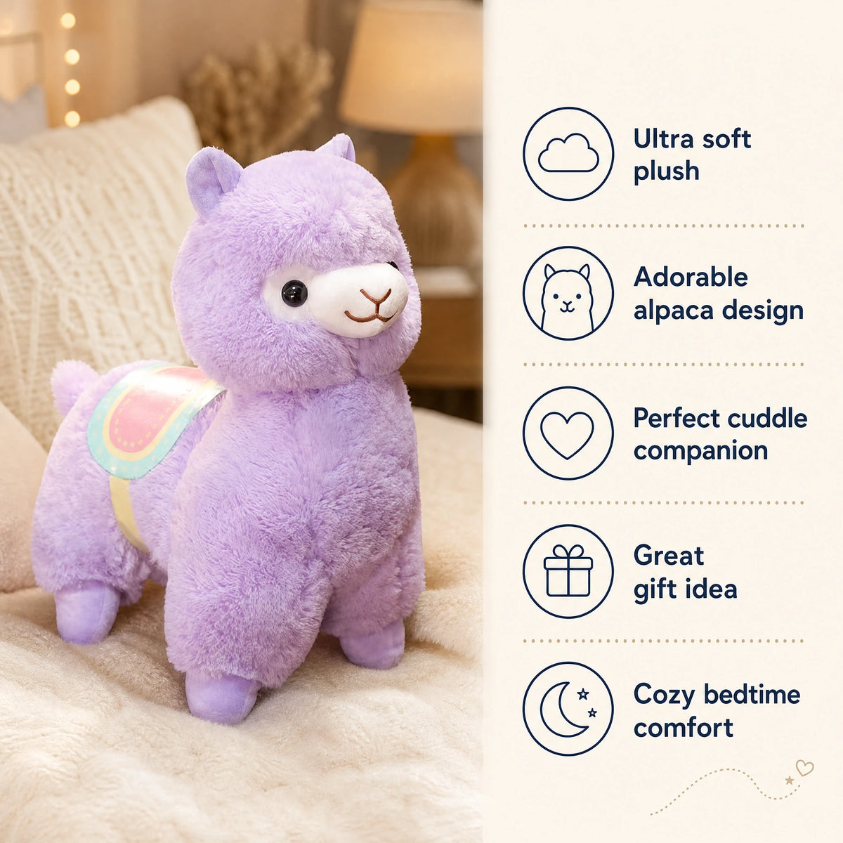 Alpaca Plush Toy with Rainbow Saddle - Purple - Bénéfices produit