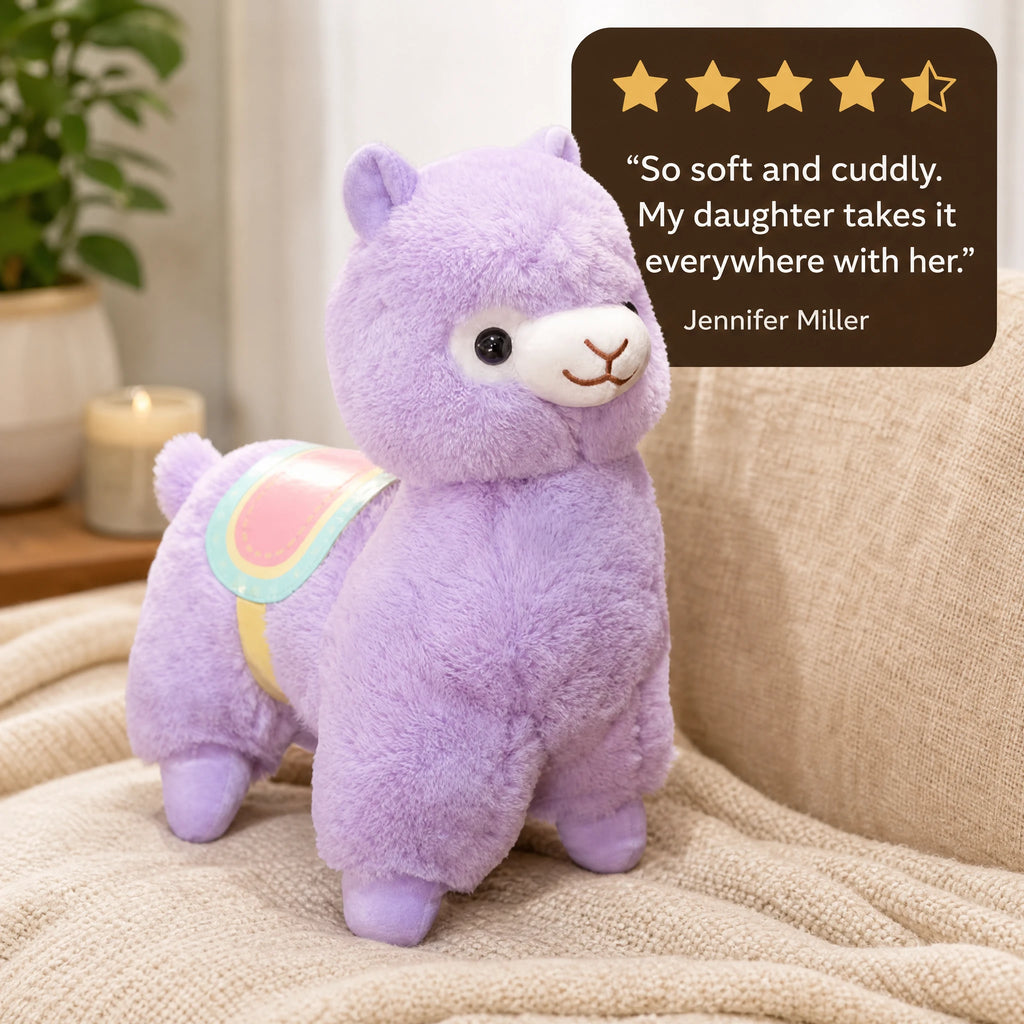 Alpaca Plush Toy with Rainbow Saddle - Purple - Image témoignage