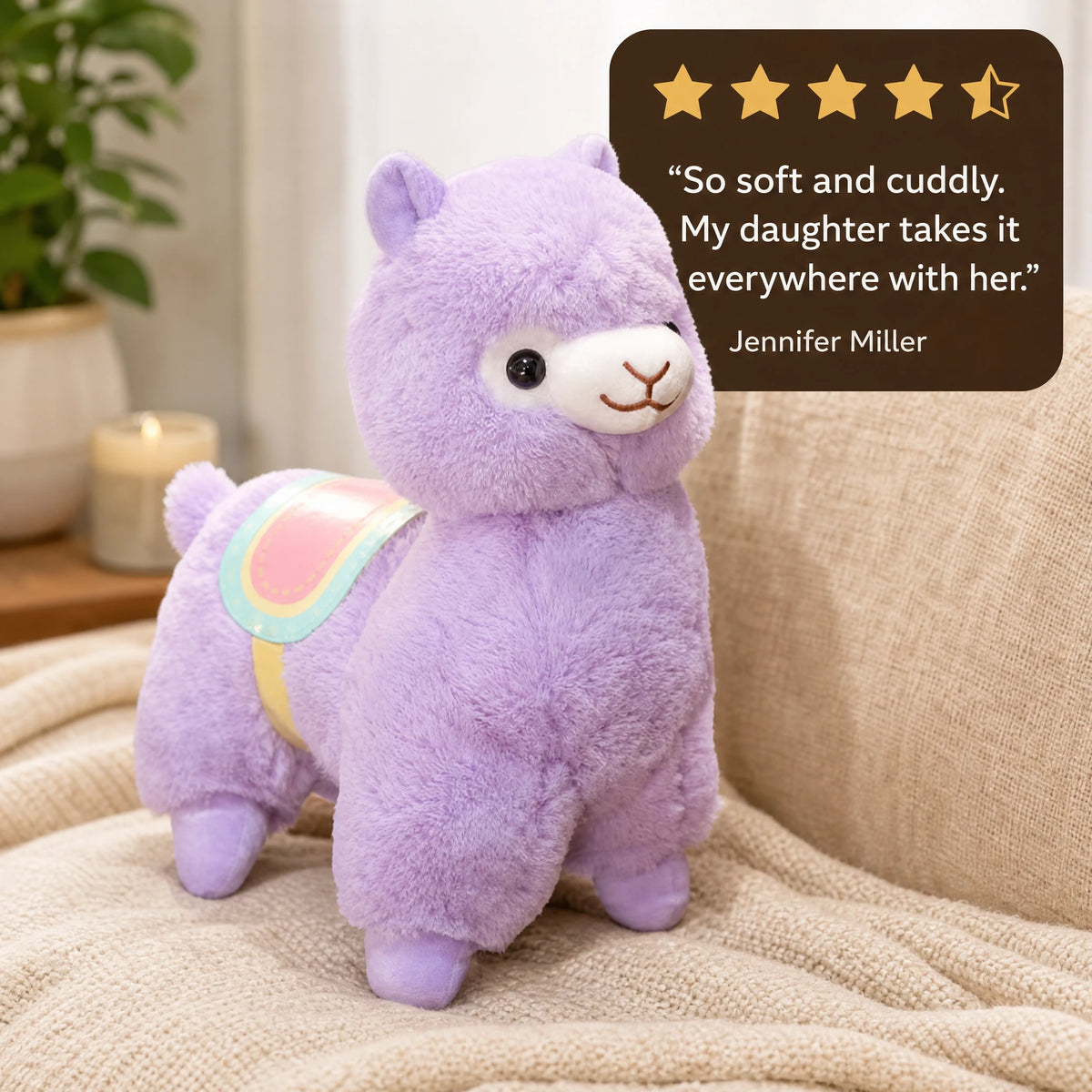 Alpaca Plush Toy with Rainbow Saddle - Purple - Image témoignage