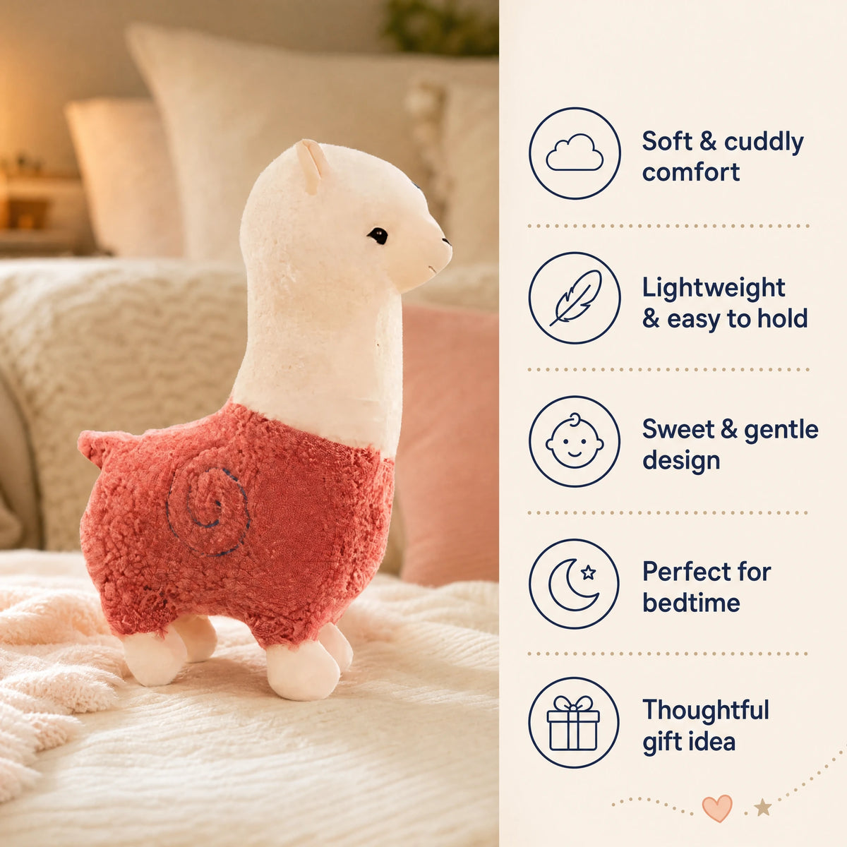 Alpaca Plush with Textured Colored Fleece – 25cm - Bénéfices produit