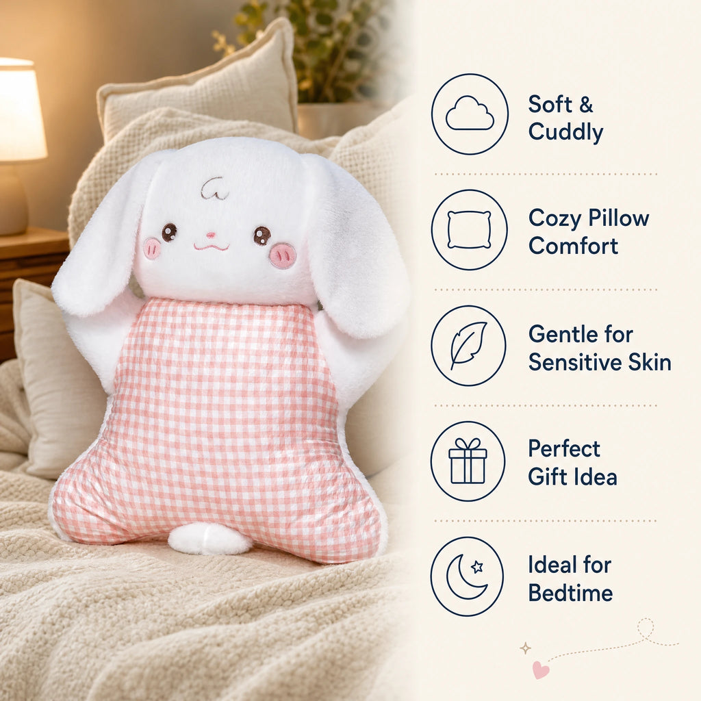 Animal Cuddle Pillow with Pink Gingham Body and Long Ears - Bénéfices produit