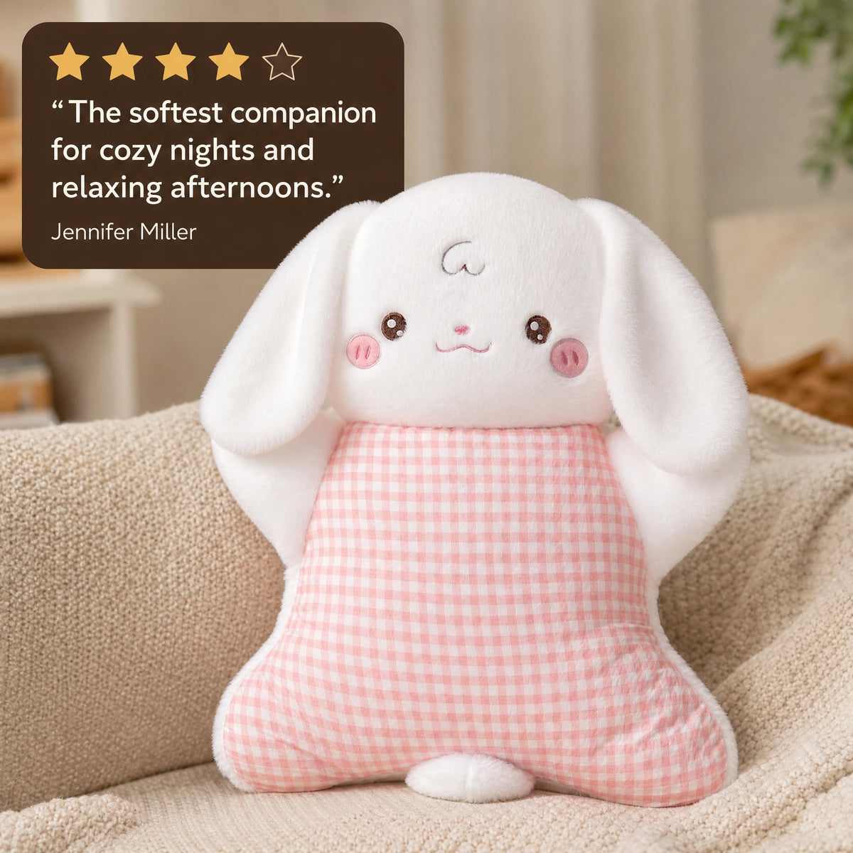 Animal Cuddle Pillow with Pink Gingham Body and Long Ears - Image témoignage