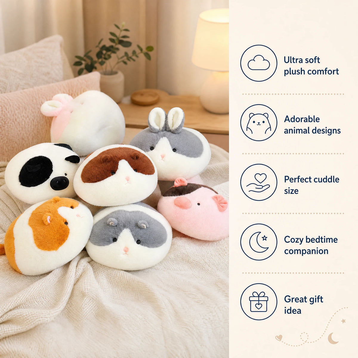 Animal Plush Pillow – Round Mochi-Style Stuffed Toy - Bénéfices produit