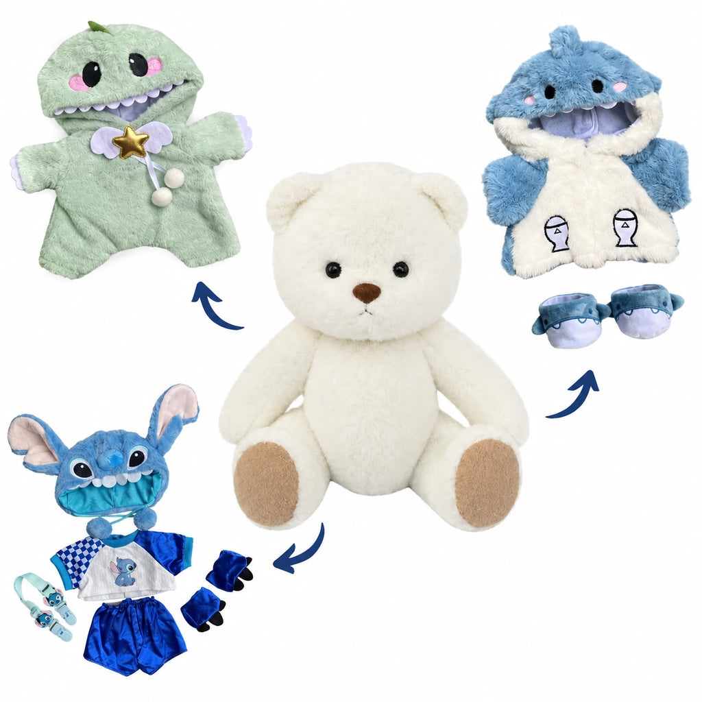 Articulated Teddy Bear with Dinosaur Costume - White Bear + Shark, Dinosaur & Stitch Costumes