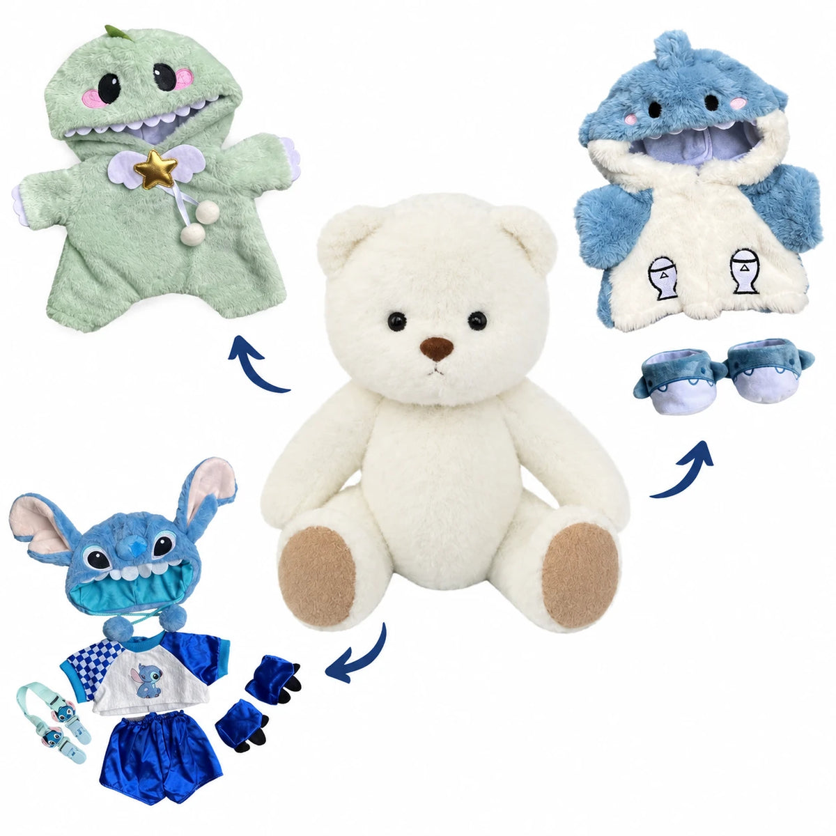 Articulated Teddy Bear with Dinosaur Costume - White Bear + Shark, Dinosaur & Stitch Costumes