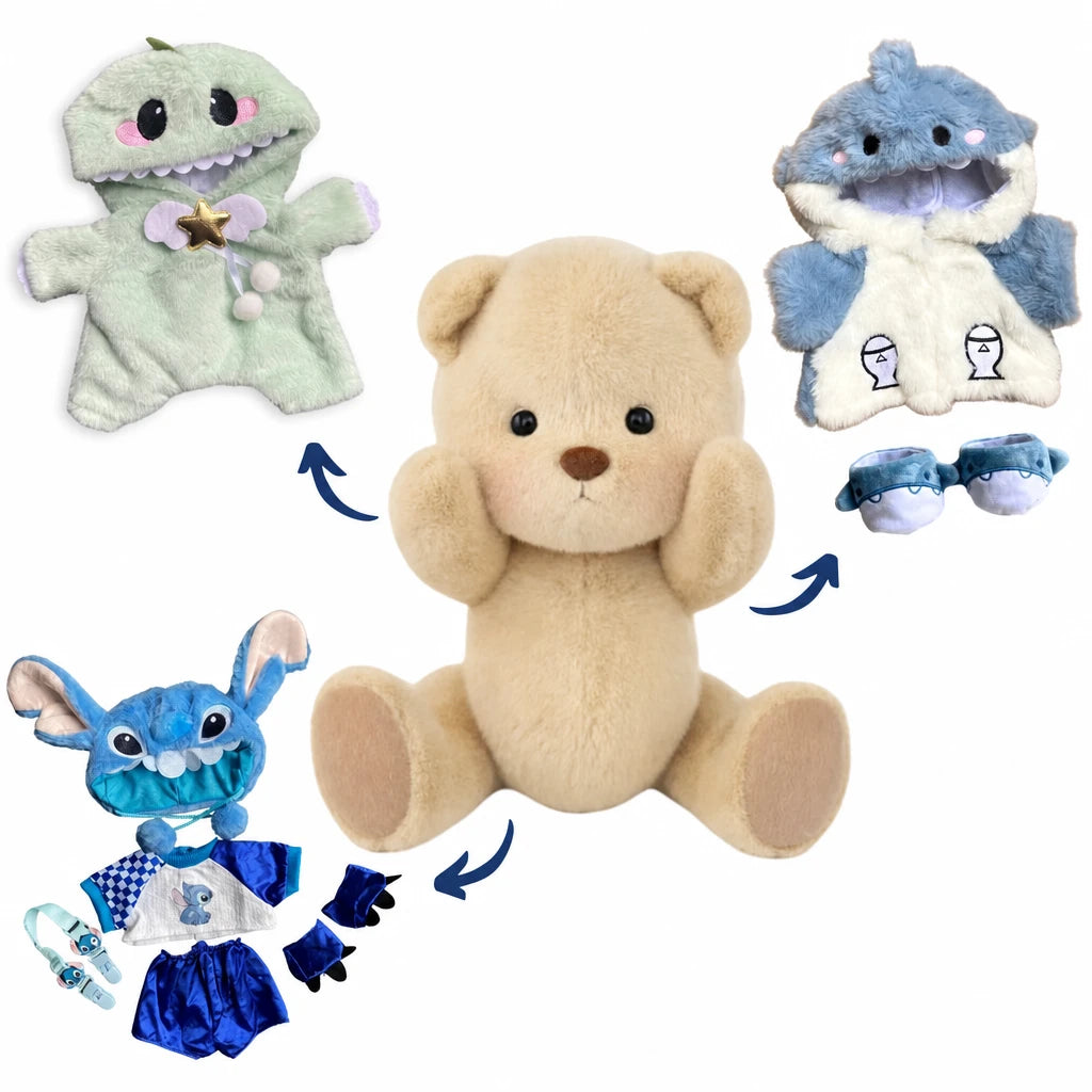 Articulated Teddy Bear with Removable Shark Costume - Blue / Brown Bear + Shark, Dinosaur & Stitch Costumes