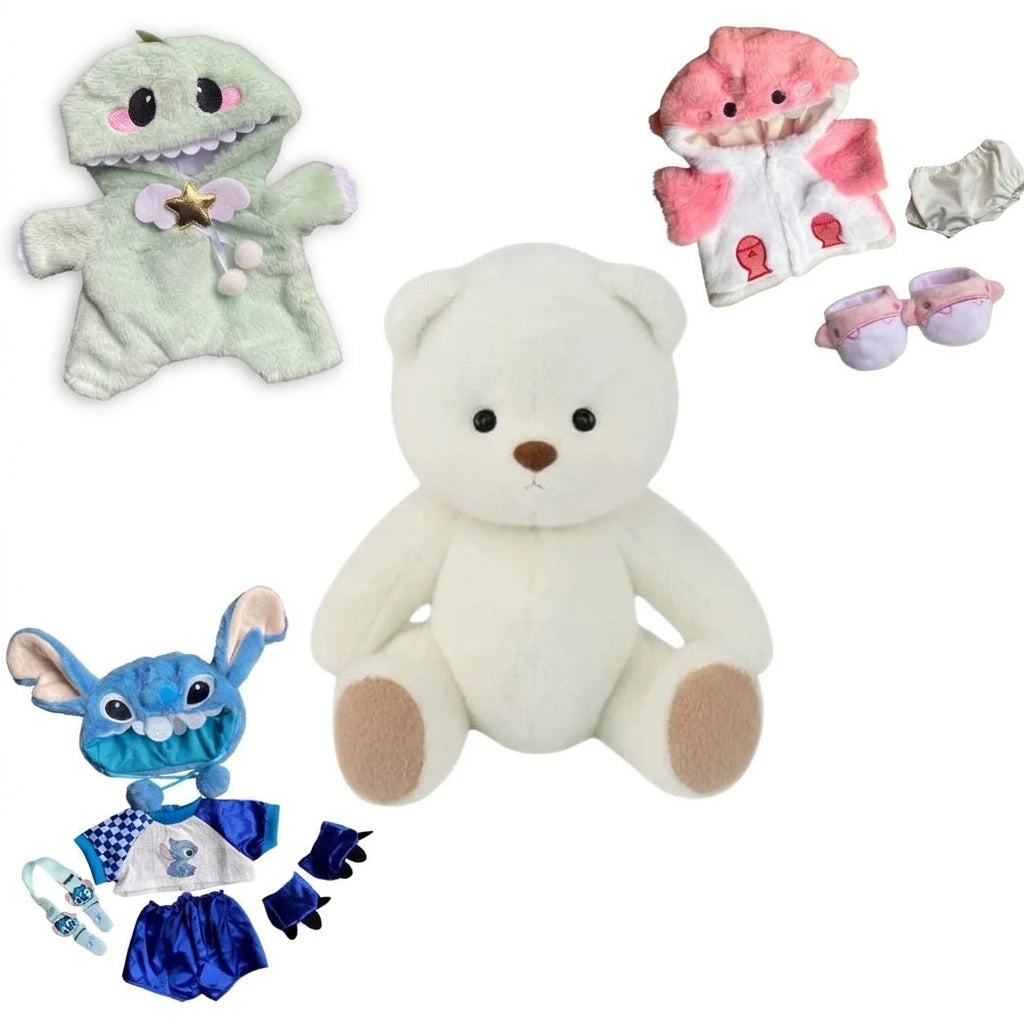 Articulated Teddy Bear with Removable Shark Costume - Pink / White Bear + Shark, Dinosaur & Stitch Costumes